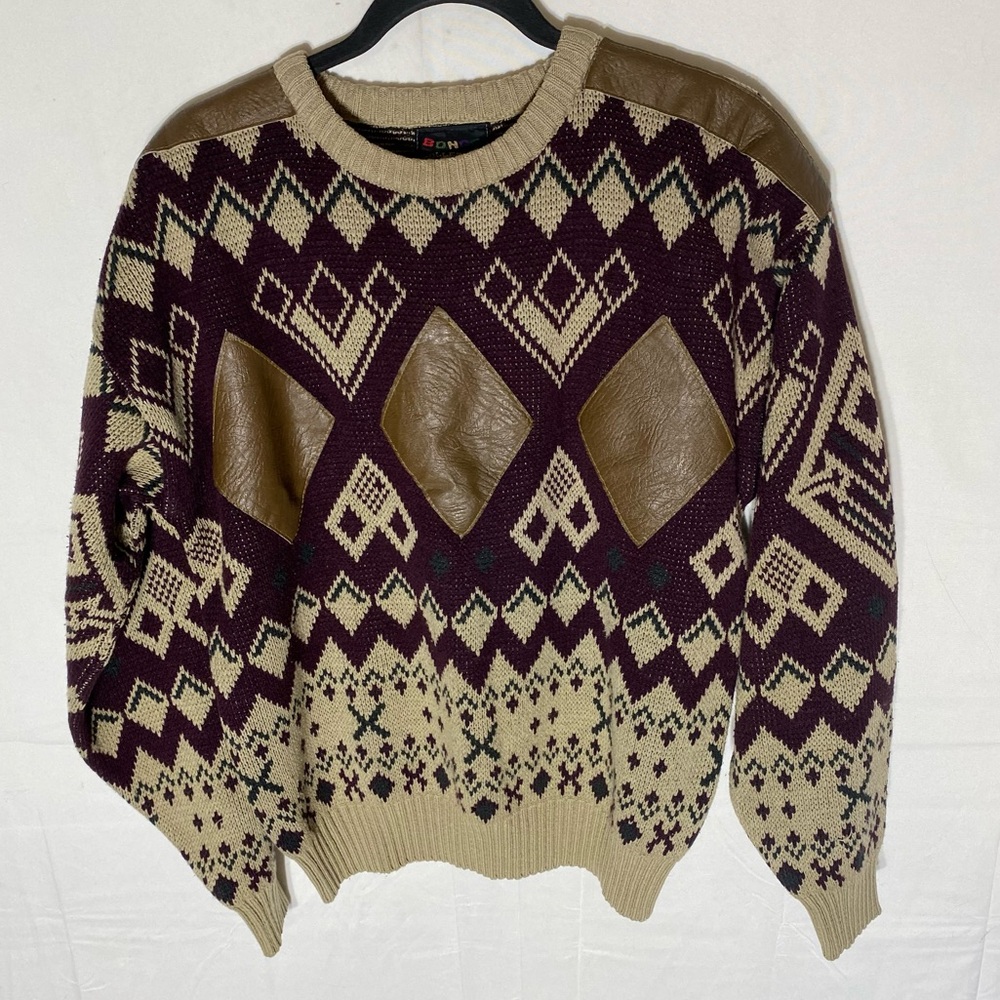 Vintage 90s Bongo Collection Tan Burgundy Geometric Knit W Leathererette Trim S